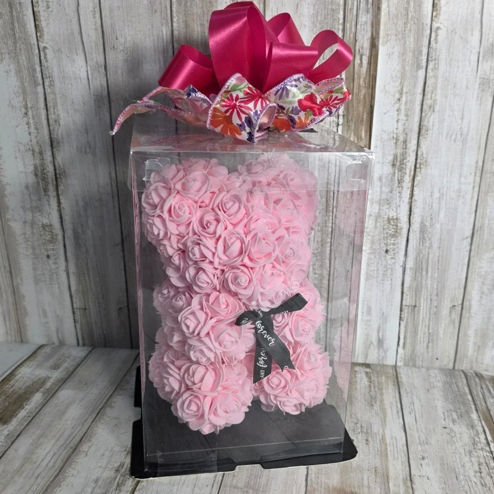 Pink Rose Bear Artificial Flower Teddy Bear in Gift Box 10 Inch Romantic Gift